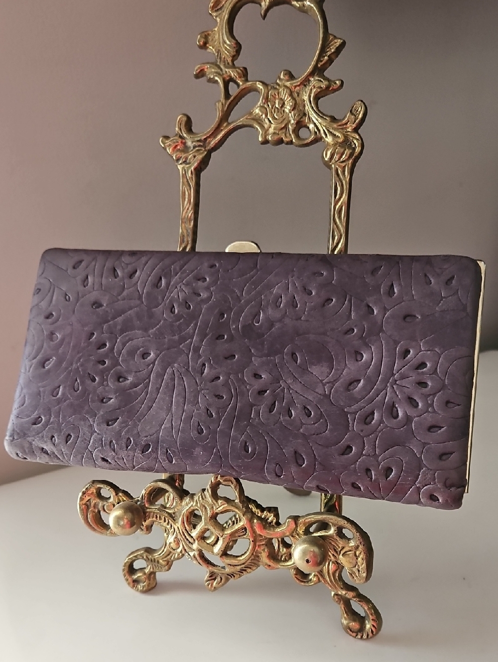 LODIS PURPLE EMBOSSED FLORAL TOOLED LEATHER CREDIT CARD LUXURY WALLET